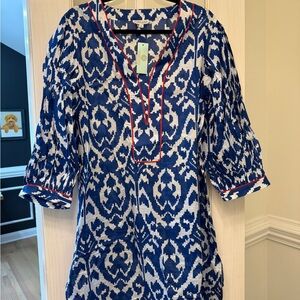Blue and White Printed Long Sleeve Tunic Dress with Red Trim